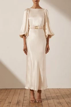 Shona Joy LA LUNE BALLOON SLEEVE MIDI DRESS WITH BELT - CREAM DRESSES