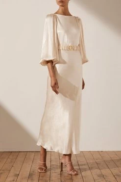 Shona Joy LA LUNE BALLOON SLEEVE MIDI DRESS WITH BELT - CREAM DRESSES