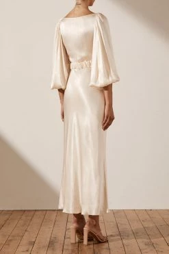 Shona Joy LA LUNE BALLOON SLEEVE MIDI DRESS WITH BELT - CREAM DRESSES