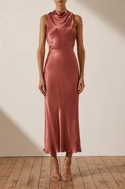 Shona Joy LA LUNE HIGH NECK MIDI DRESS - TERRACOTTA DRESSES
