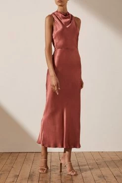 Shona Joy LA LUNE HIGH NECK MIDI DRESS - TERRACOTTA DRESSES