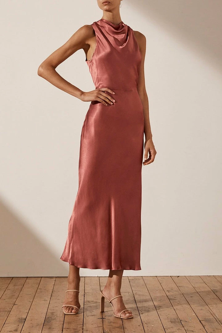 Shona Joy LA LUNE HIGH NECK MIDI DRESS - TERRACOTTA DRESSES