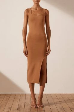 Shona Joy BASIC SQUARE NECK MIDI DRESS - TAN DRESSES
