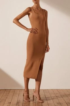 Shona Joy BASIC SQUARE NECK MIDI DRESS - TAN DRESSES