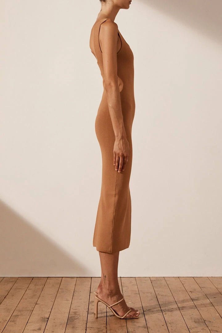 Shona Joy BASIC SQUARE NECK MIDI DRESS - TAN DRESSES