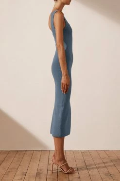 Shona Joy BASIC SQUARE NECK MIDI DRESS - BLUE SMOKE DRESSES