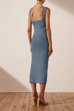 Shona Joy BASIC SQUARE NECK MIDI DRESS - BLUE SMOKE DRESSES