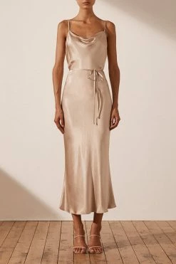 Shona Joy LA LUNE BIAS COWL MIDI DRESS - GOLD