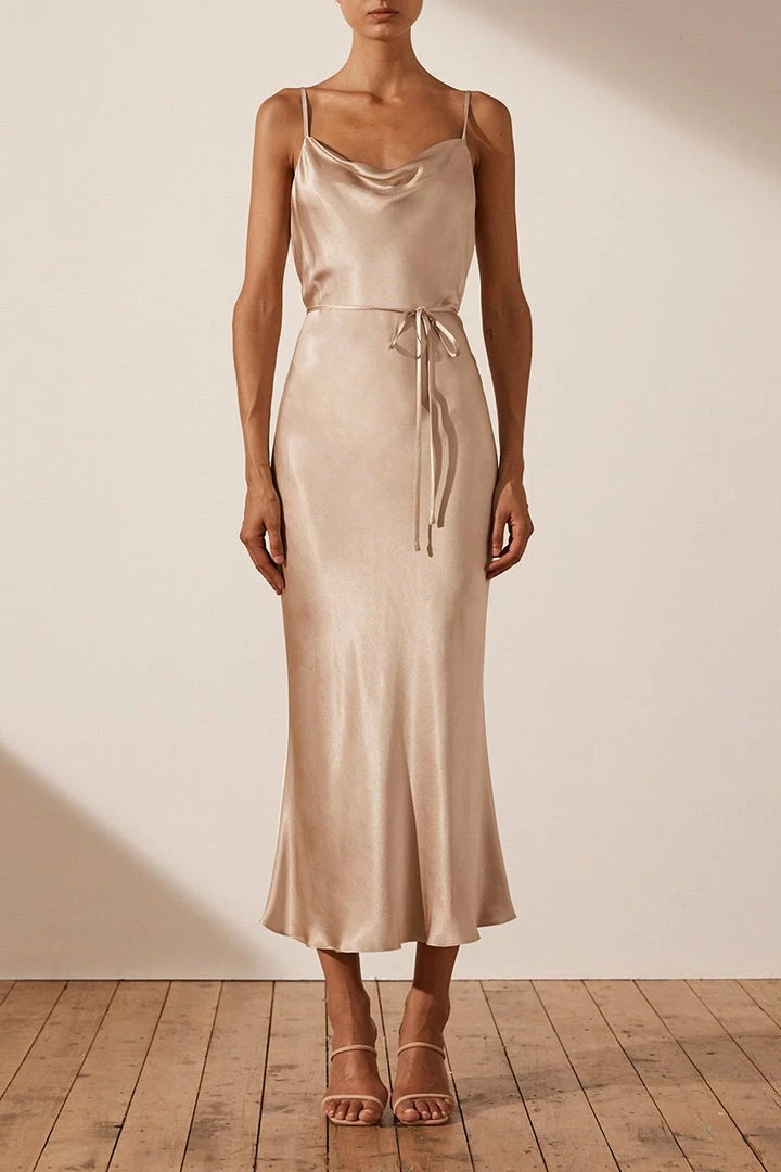 Shona Joy LA LUNE BIAS COWL MIDI DRESS - GOLD