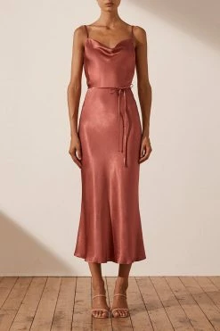Shona Joy LA LUNE BIAS COWL MIDI DRESS - TERRACOTTA
