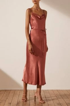 Shona Joy LA LUNE BIAS COWL MIDI DRESS - TERRACOTTA