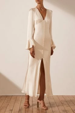 Shona Joy LA LUNE FRILL CUFF BIAS MIDI DRESS - CREAM