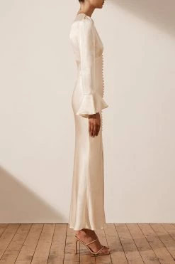 Shona Joy LA LUNE FRILL CUFF BIAS MIDI DRESS - CREAM