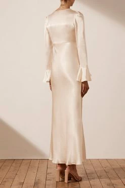 Shona Joy LA LUNE FRILL CUFF BIAS MIDI DRESS - CREAM