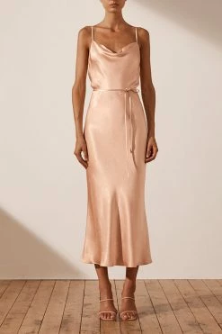 Shona Joy LA LUNE BIAS COWL MIDI DRESS - DESERT ROSE DRESSES