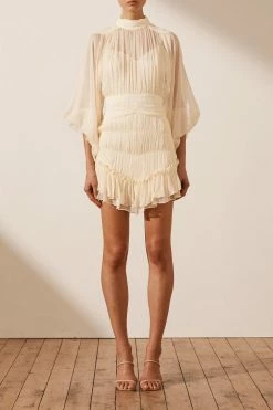 Shona Joy VICTORIA LONG SLEEVE RUCHED MINI DRESS - CREAM
