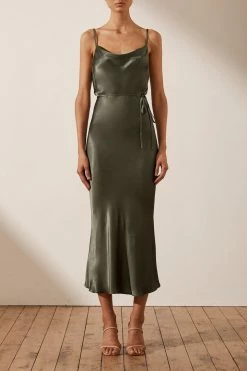 Shona Joy DRESSES LA LUNE BIAS COWL MIDI DRESS - OLIVE