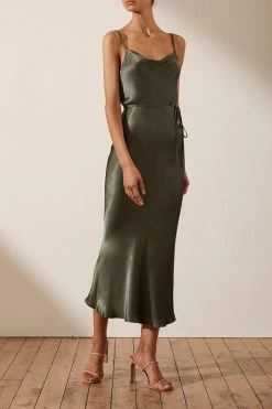 Shona Joy DRESSES LA LUNE BIAS COWL MIDI DRESS - OLIVE