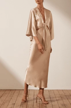Shona Joy DRESSES LA LUNE TIE FRONT BIAS MIDI DRESS - GOLD