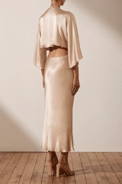 Shona Joy DRESSES LA LUNE TIE FRONT BIAS MIDI DRESS - GOLD
