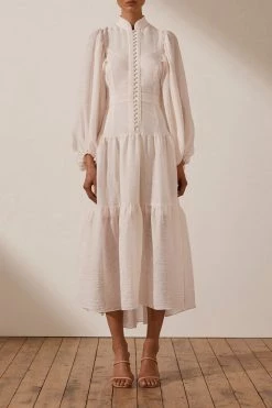 Shona Joy CHARLOTTE HIGH NECK MIDI DRESS - ECRU DRESSES