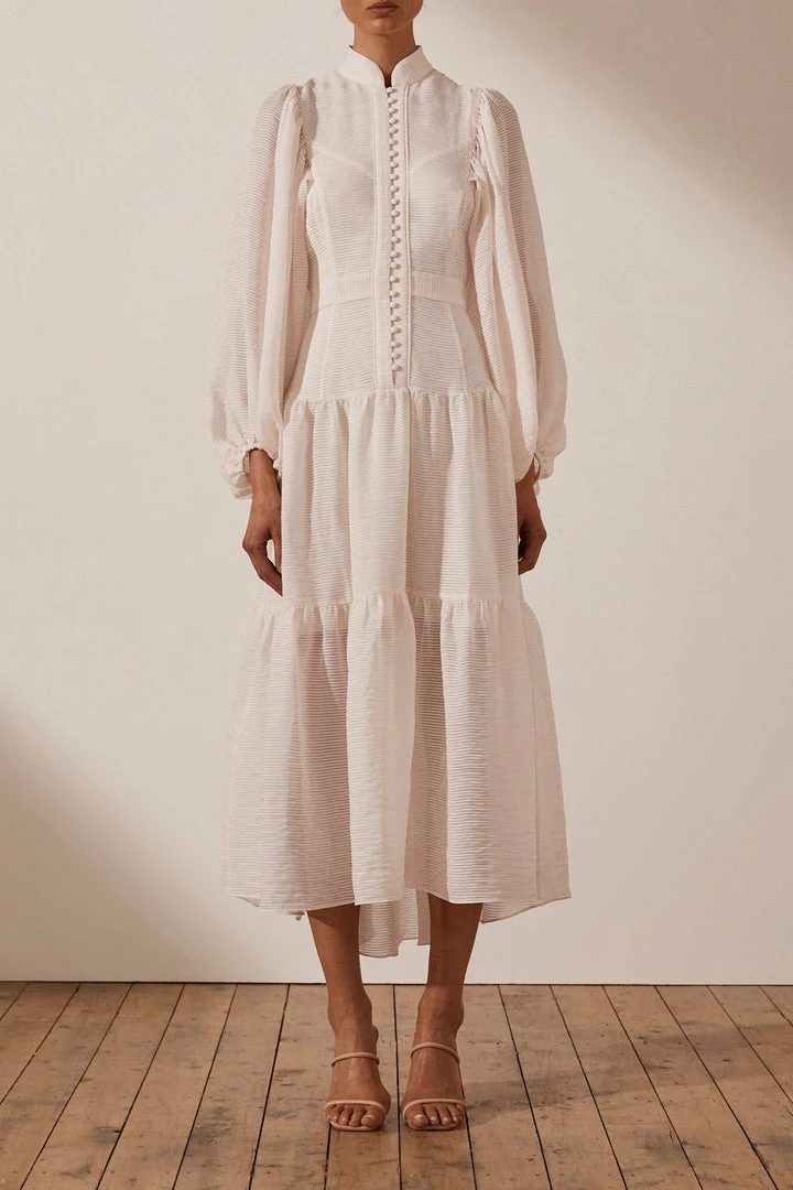 Shona Joy CHARLOTTE HIGH NECK MIDI DRESS - ECRU DRESSES