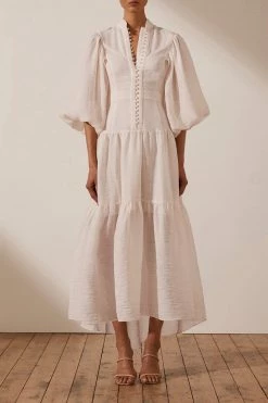 Shona Joy CHARLOTTE HIGH NECK MIDI DRESS - ECRU DRESSES