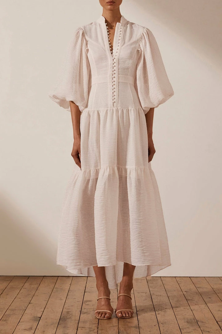 Shona Joy CHARLOTTE HIGH NECK MIDI DRESS - ECRU DRESSES