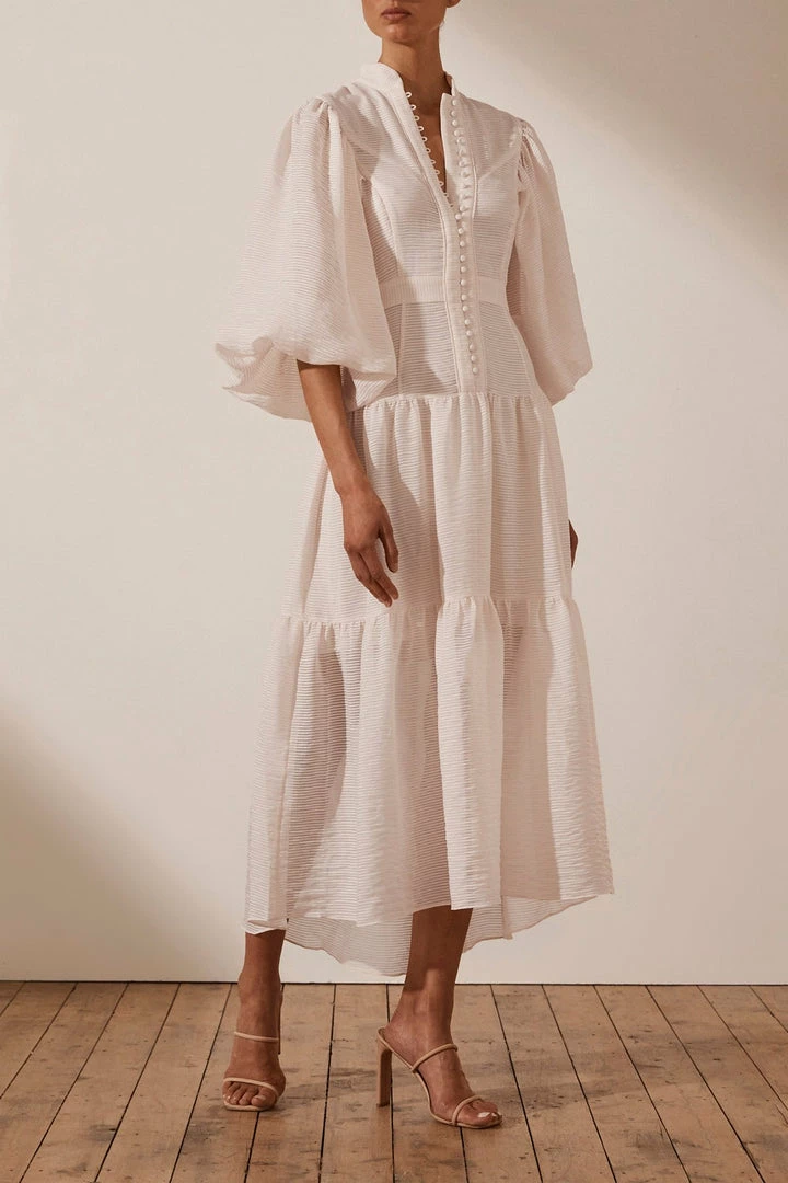 Shona Joy CHARLOTTE HIGH NECK MIDI DRESS - ECRU DRESSES