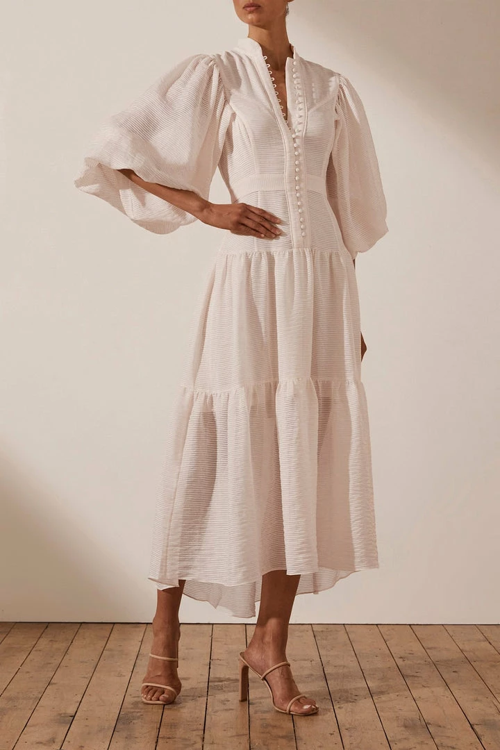 Shona Joy CHARLOTTE HIGH NECK MIDI DRESS - ECRU DRESSES