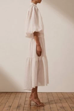 Shona Joy CHARLOTTE HIGH NECK MIDI DRESS - ECRU DRESSES