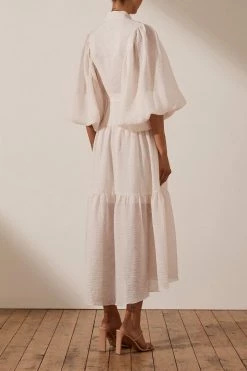 Shona Joy CHARLOTTE HIGH NECK MIDI DRESS - ECRU DRESSES
