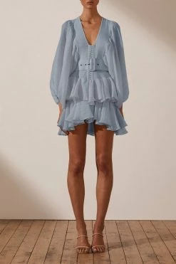 Shona Joy CHARLOTTE PLUNGED DRAPED MINI DRESS - BLUE SMOKE