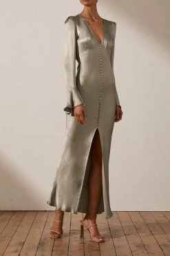 Shona Joy DRESSES LA LUNE FRILL CUFF BIAS MIDI DRESS - SAGE