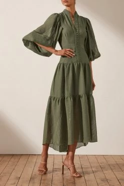 Shona Joy CHARLOTTE HIGH NECK MIDI DRESS - KHAKI DRESSES