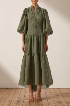 Shona Joy CHARLOTTE HIGH NECK MIDI DRESS - KHAKI DRESSES