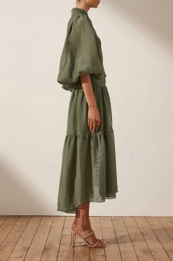 Shona Joy CHARLOTTE HIGH NECK MIDI DRESS - KHAKI DRESSES
