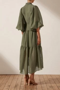 Shona Joy CHARLOTTE HIGH NECK MIDI DRESS - KHAKI DRESSES
