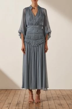 Shona Joy DRESSES KAYLA BUTTON UP RUCHED MIDI DRESS - BLUE SMOKE