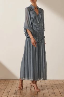 Shona Joy DRESSES KAYLA BUTTON UP RUCHED MIDI DRESS - BLUE SMOKE