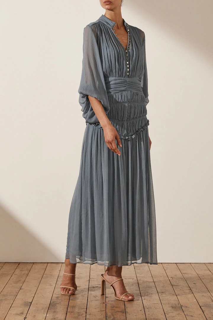 Shona Joy DRESSES KAYLA BUTTON UP RUCHED MIDI DRESS - BLUE SMOKE