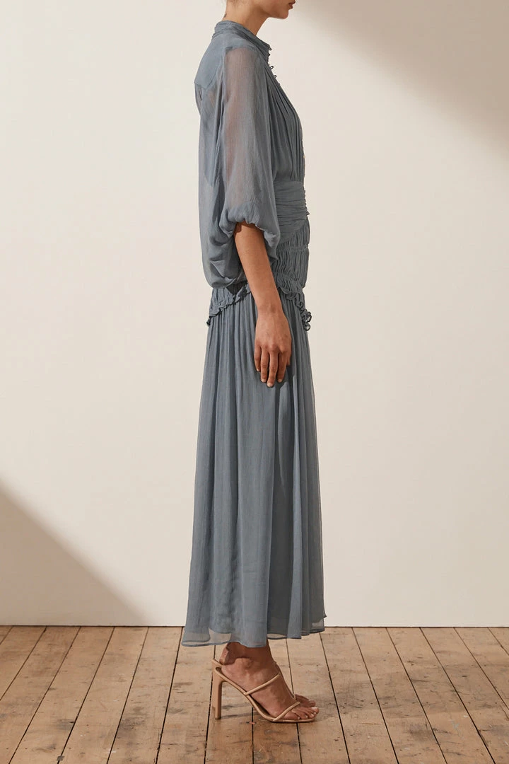 Shona Joy DRESSES KAYLA BUTTON UP RUCHED MIDI DRESS - BLUE SMOKE