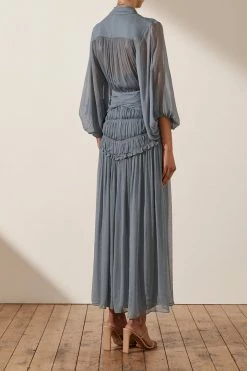 Shona Joy DRESSES KAYLA BUTTON UP RUCHED MIDI DRESS - BLUE SMOKE