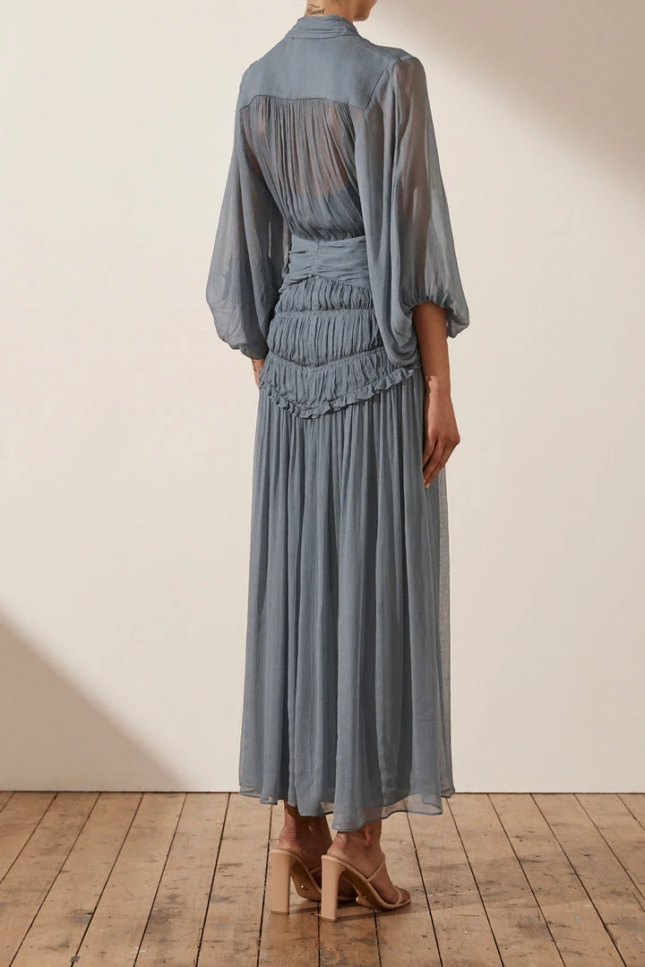 Shona Joy DRESSES KAYLA BUTTON UP RUCHED MIDI DRESS - BLUE SMOKE