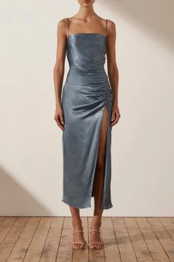 Shona Joy LILY BIAS RUCHED MIDI DRESS - BLUE SMOKE