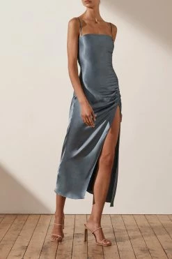 Shona Joy LILY BIAS RUCHED MIDI DRESS - BLUE SMOKE