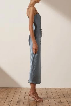 Shona Joy LILY BIAS RUCHED MIDI DRESS - BLUE SMOKE