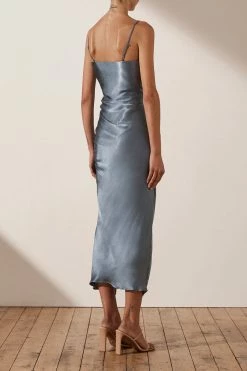 Shona Joy LILY BIAS RUCHED MIDI DRESS - BLUE SMOKE
