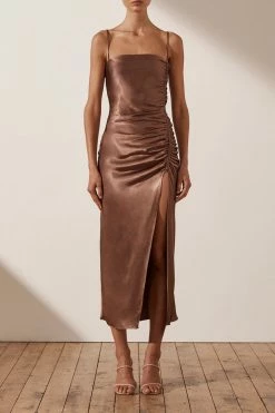 Shona Joy DRESSES LILY BIAS RUCHED MIDI DRESS - CLOVE