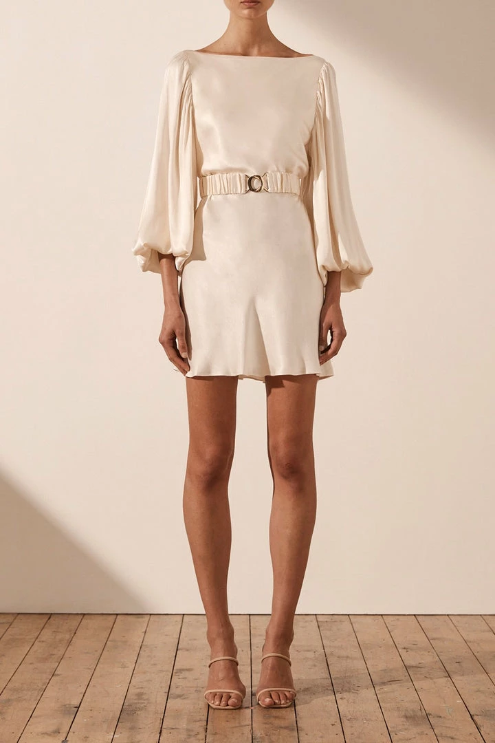 Shona Joy LA LUNE BALLOON SLEEVE MINI DRESS WITH BELT - CREAM
